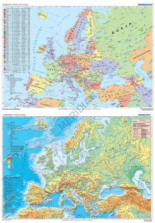 Dwustronna ścienna mapa szkolna przedstawiająca ukształtowanie powierzchni Europy