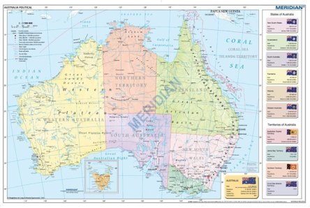 Ścienna, polityczna mapa szkolna przedstawiająca podział administracyjny Australii. Mapa w języku angielskim.