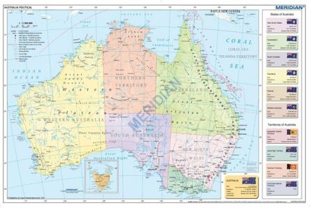 Ścienna, polityczna mapa szkolna przedstawiająca podział administracyjny Australii. Mapa w języku angielskim.