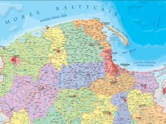 Ścienna mapa administracyjna województwa pomorskiego, mapa kaszubszczyzny.
