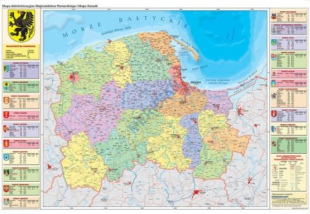 Ścienna mapa administracyjna województwa pomorskiego z kaszubskimi nazwami, pomoc szkolna.