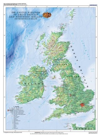 Ścienna mapa szkolna przedstawiająca ukształtowanie powierzchni Wysp Brytyjskich.