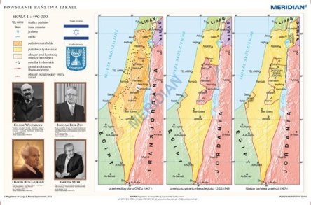 Ścienna mapa szkolna przedstawiająca powstawanie państwa Izrael.