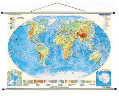 Ścienna mapa gabinetowa przedstawiająca ukształtowanie powierzchni świata.