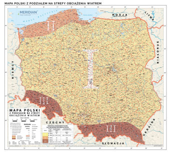 Mapa Polski z podziałem na strefy obciążenia wiatrem - mapa ścienna