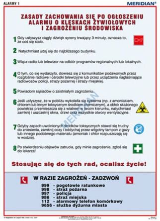 Ścienna plansza szkolna informująca o zasadach zachowania się po ogłoszeniu alarmu o klęskach żywiołowych i zagrożeniu środowiska