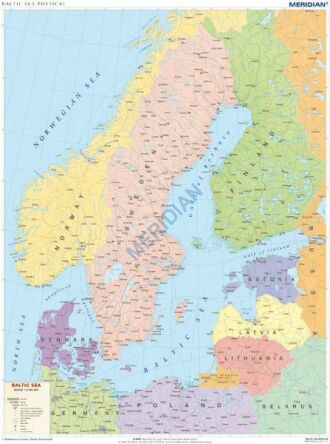 Ścienna, fizyczna mapa szkolna przedstawiająca podział polityczny regionu Morza Bałtyckiego.
