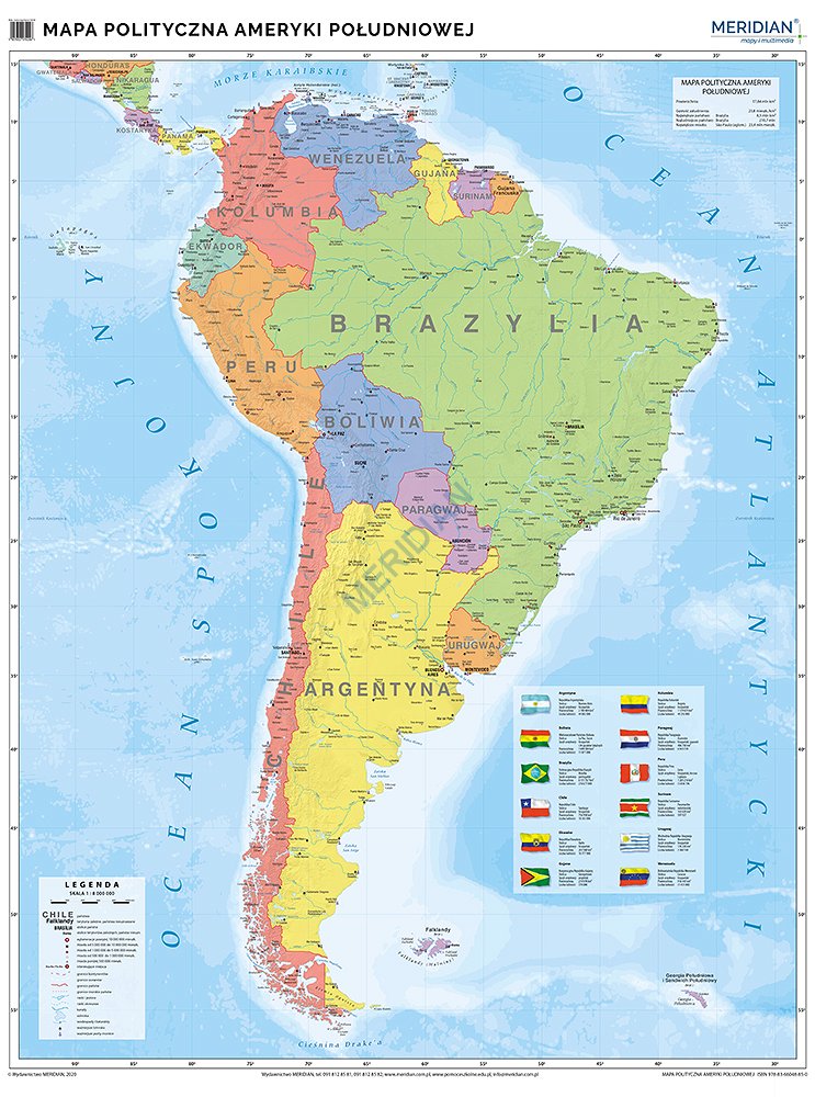 Ameryka Poludniowa Niziny Wyzyny Gory Ameryka Południowa - ścienna mapa polityczna
