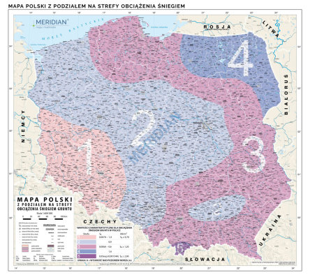 Ścienna mapa podziału Polski na strefy obciążenia śniegiem zgodnie z aneksem do polskiej normy PN-80/B-02010/Az1