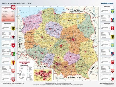 Ścienna mapa gabinetowa przedstawiająca aktualny podział administracyjny podział Polski.
