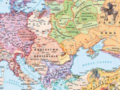Ścienna mapa szkolna przedstawiająca Europę w XII-XIII w. oraz rozwój imperium mongolskiego w XIII w