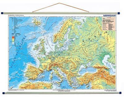 Ścienna mapa gabinetowa przedstawiająca ukształtowanie powierzchni Europy.